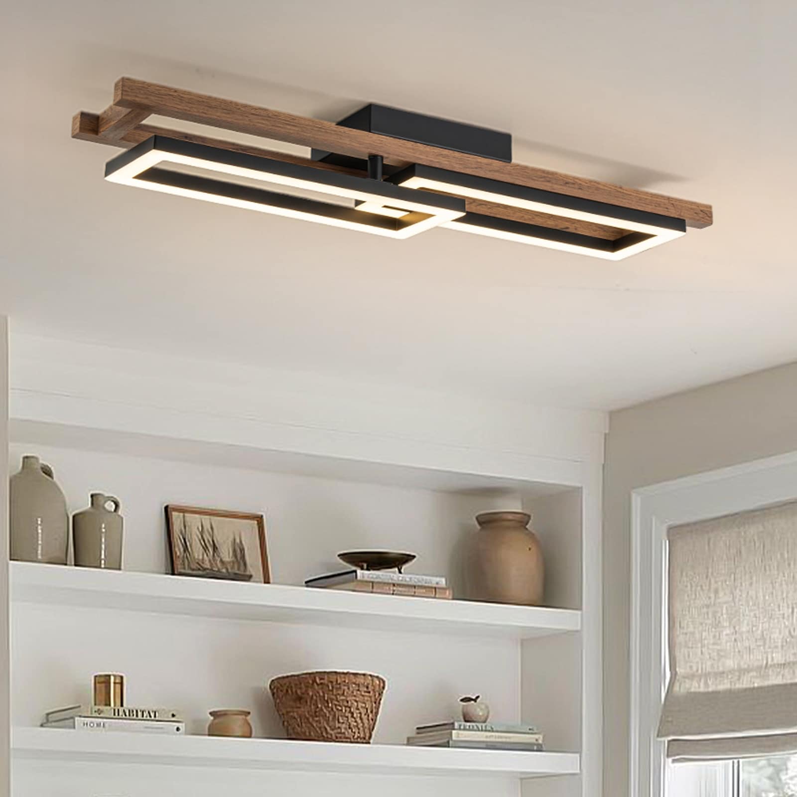 Plafonnier semi-encastré rectangulaire à LED intégré en bois pour couloir et hall d'entrée