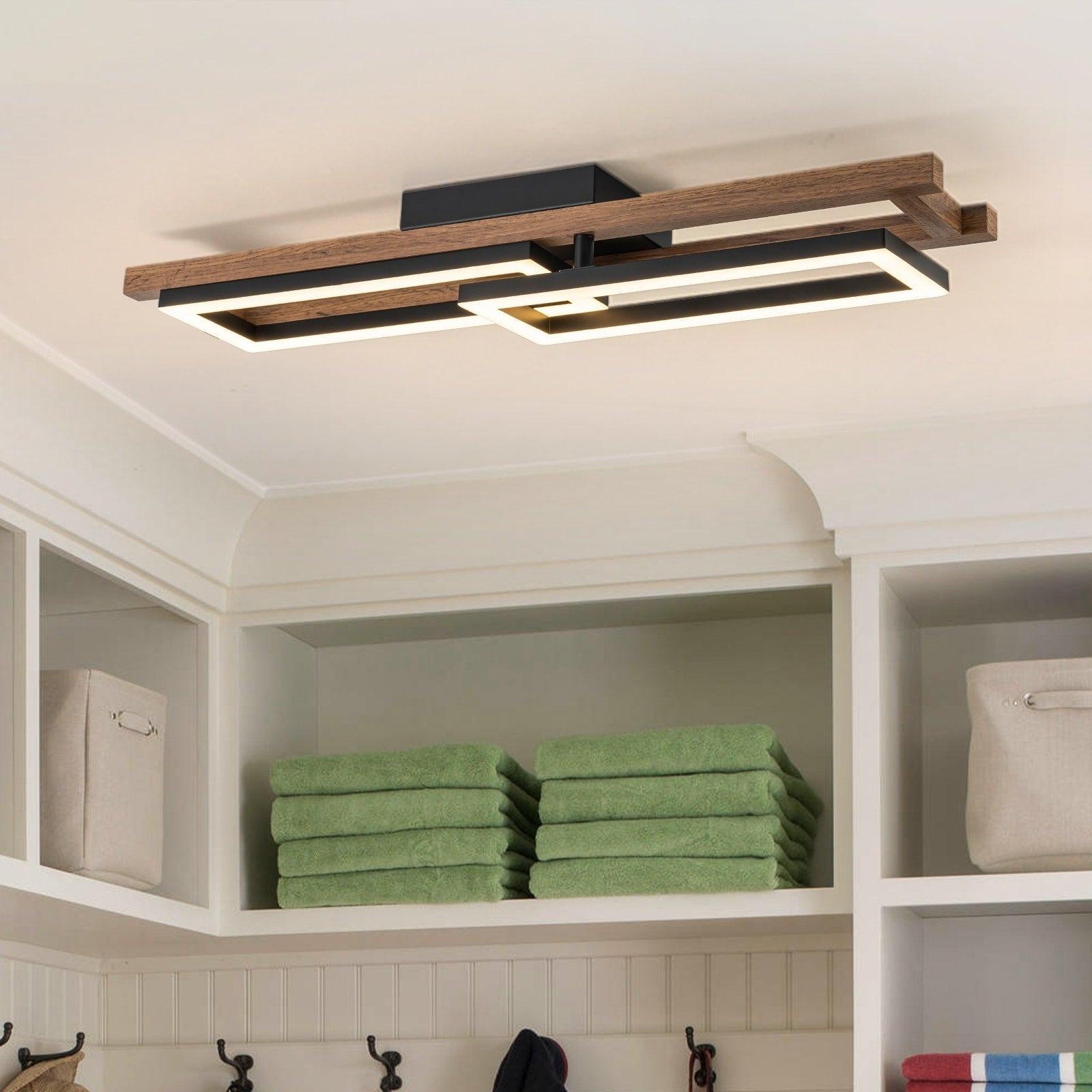 Plafonnier semi-encastré rectangulaire à LED intégré en bois pour couloir et hall d'entrée