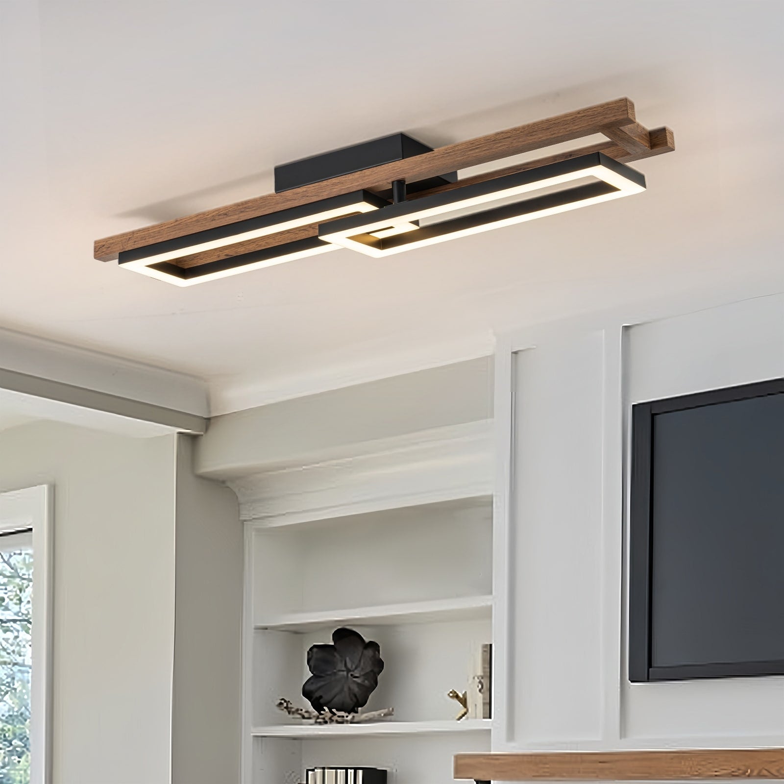 Plafonnier semi-encastré rectangulaire à LED intégré en bois pour couloir et hall d'entrée