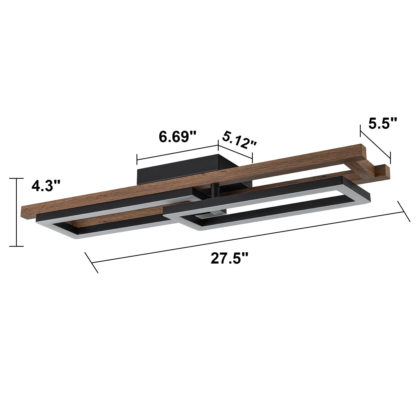 Plafonnier semi-encastré rectangulaire à LED intégré en bois pour couloir et hall d'entrée