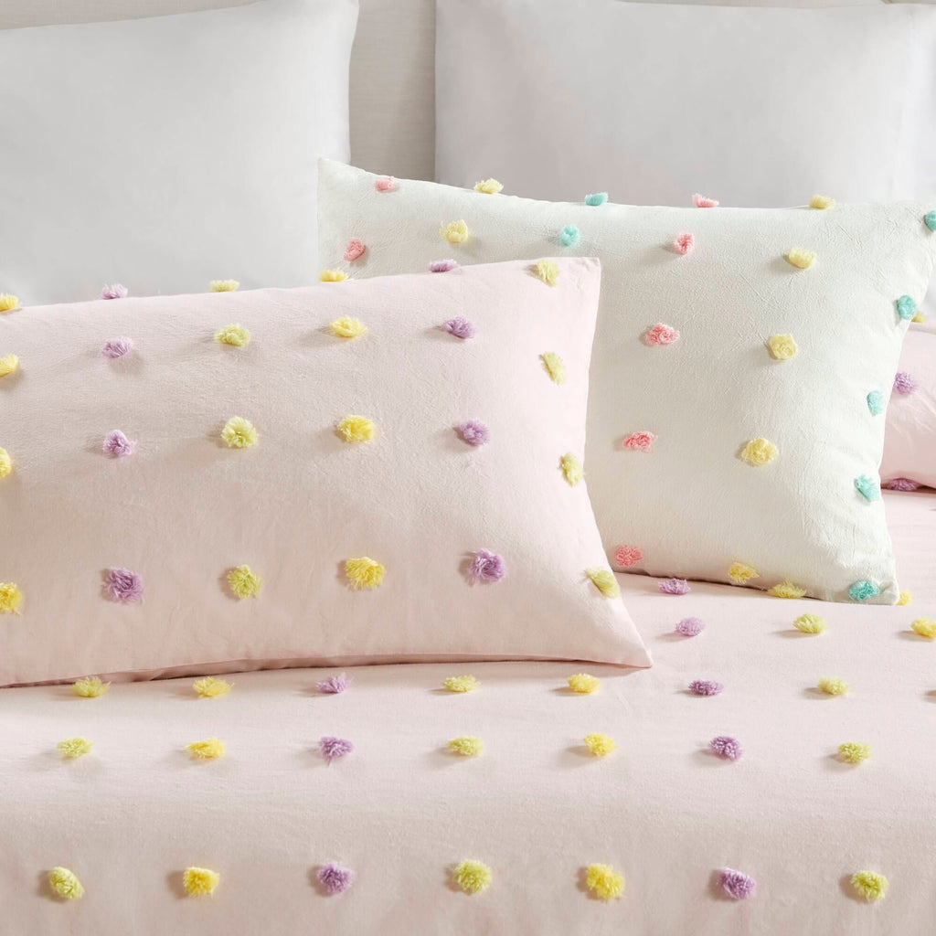 Parure de lit en jacquard de coton à pompons Ensley pour enfants au design intelligent avec coussins décoratifs