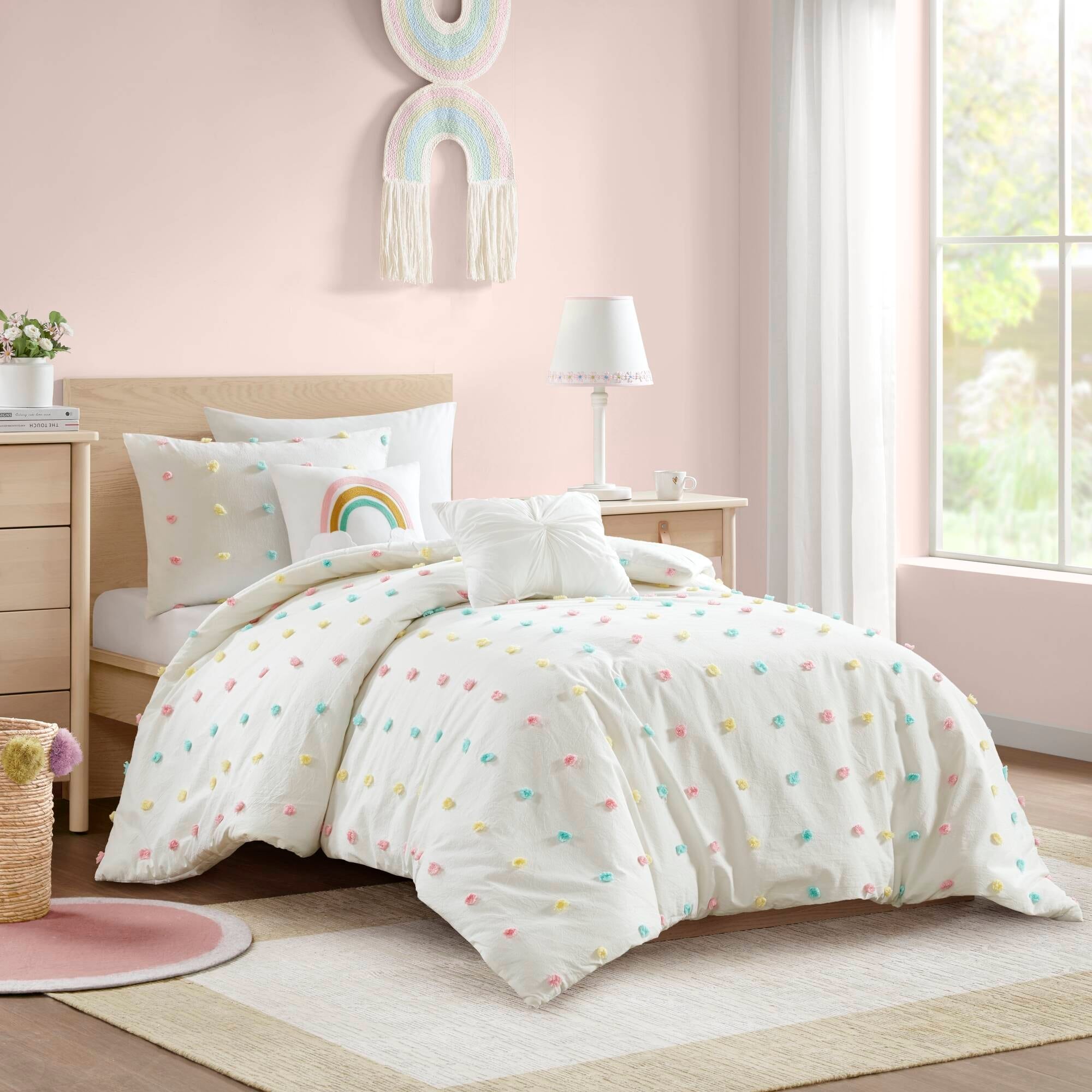 Parure de lit en jacquard de coton à pompons Ensley pour enfants au design intelligent avec coussins décoratifs