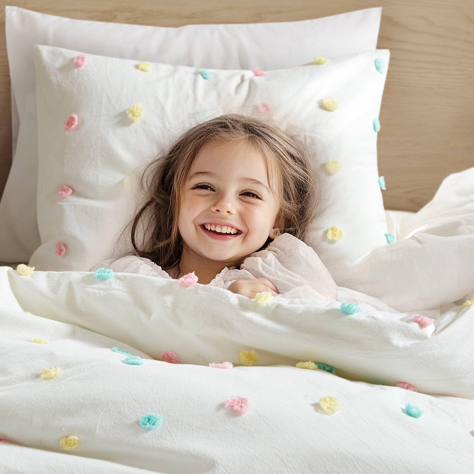 Parure de lit en jacquard de coton à pompons Ensley pour enfants au design intelligent avec coussins décoratifs