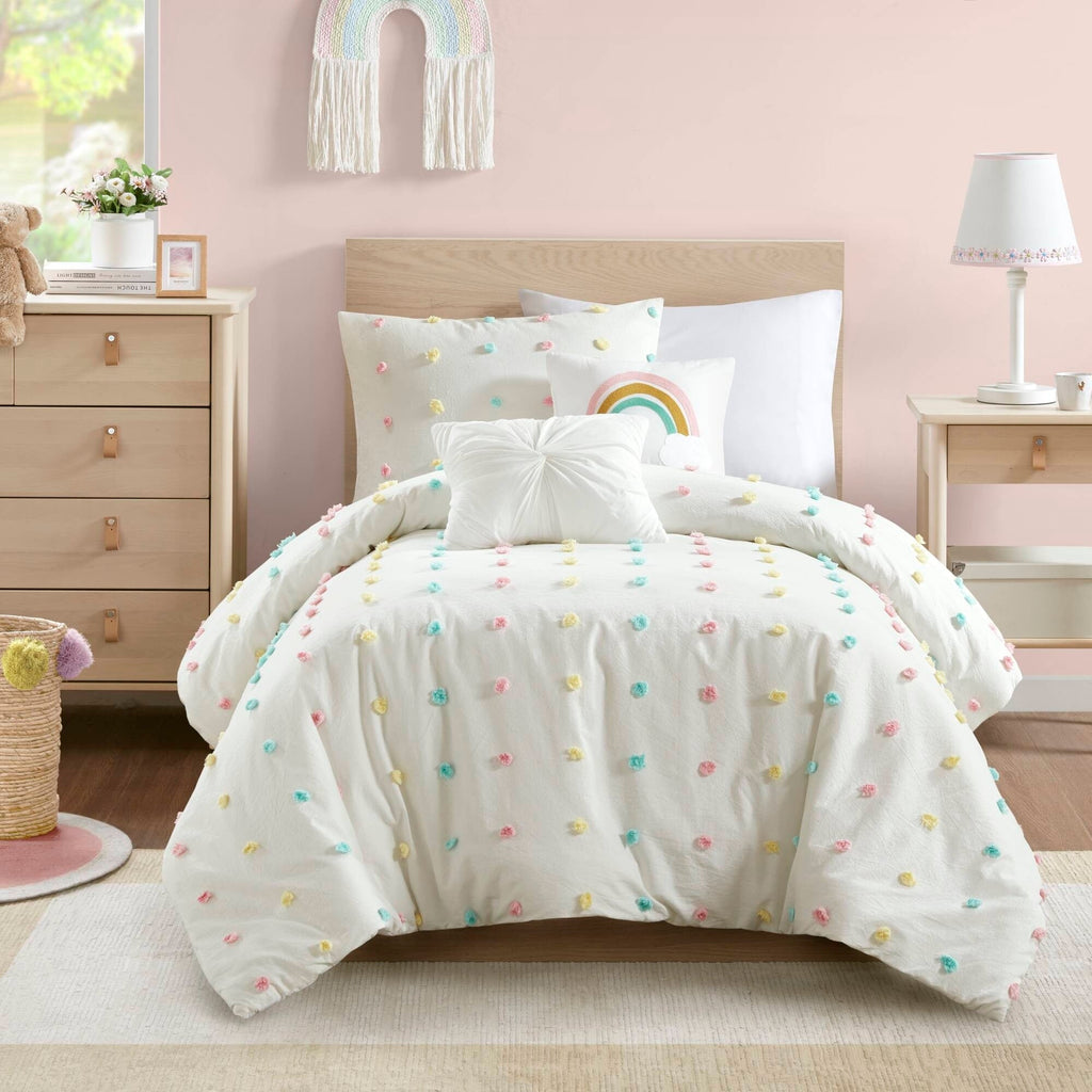 Parure de lit en jacquard de coton à pompons Ensley pour enfants au design intelligent avec coussins décoratifs