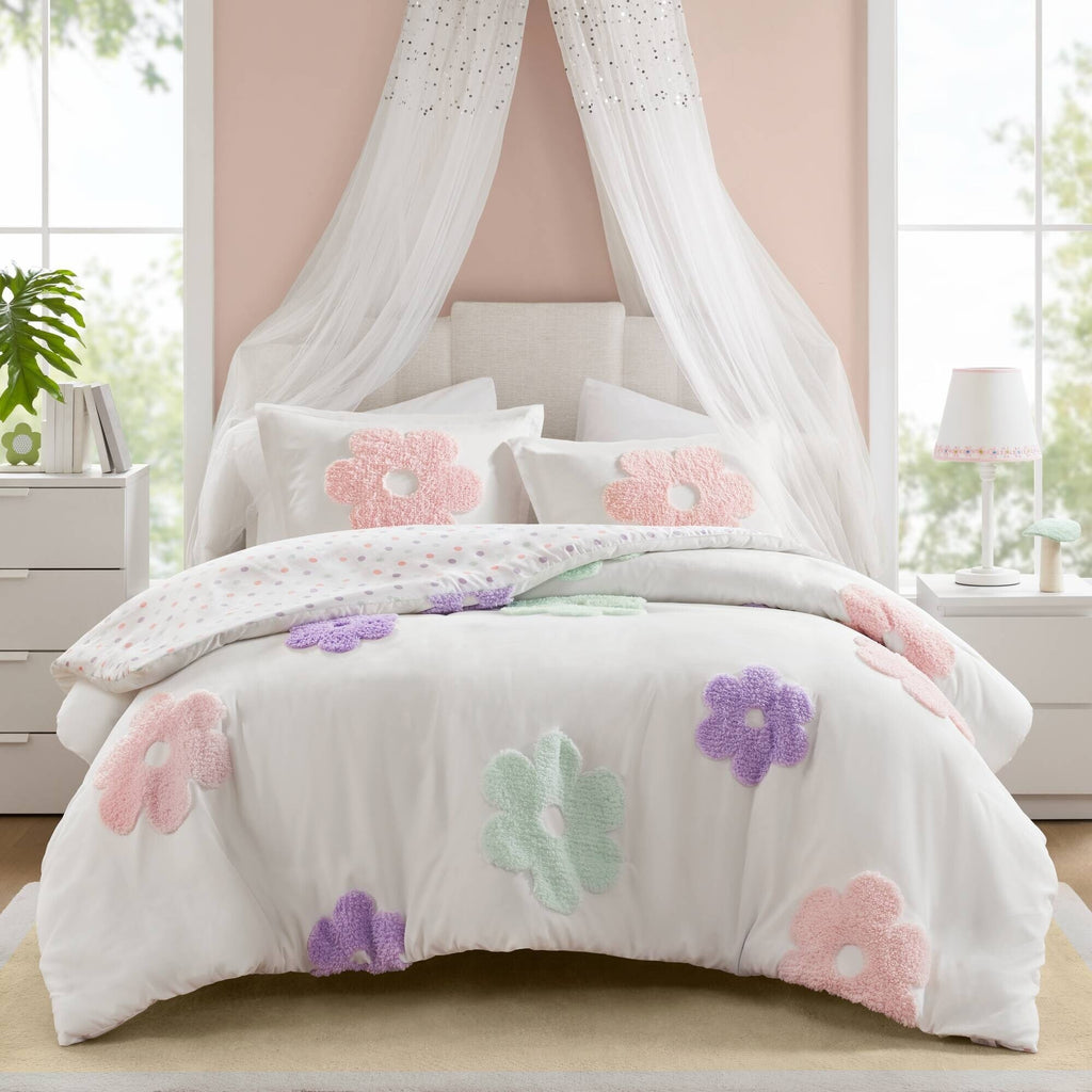 Parure de lit réversible en chenille touffetée à motif floral Madeline pour enfants au design intelligent