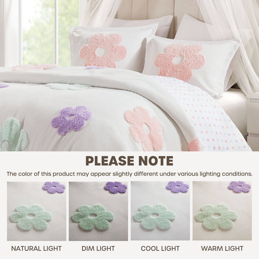 Parure de lit réversible en chenille touffetée à motif floral Madeline pour enfants au design intelligent