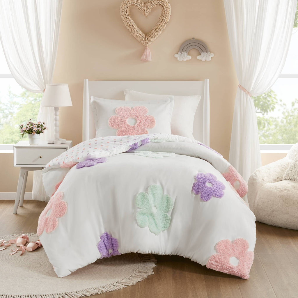 Parure de lit réversible en chenille touffetée à motif floral Madeline pour enfants au design intelligent