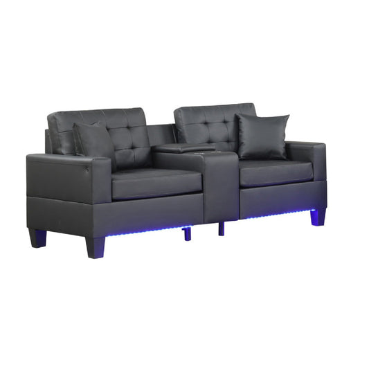 Canapé Iris avec LED, ports USB, porte-gobelets, similicuir noir 85 pouces