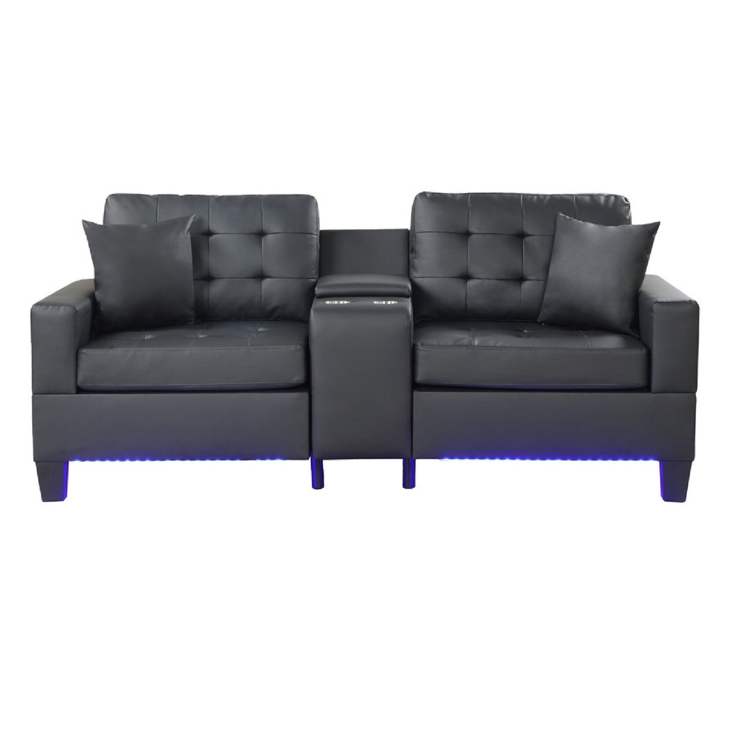 Canapé Iris avec LED, ports USB, porte-gobelets, similicuir noir 85 pouces