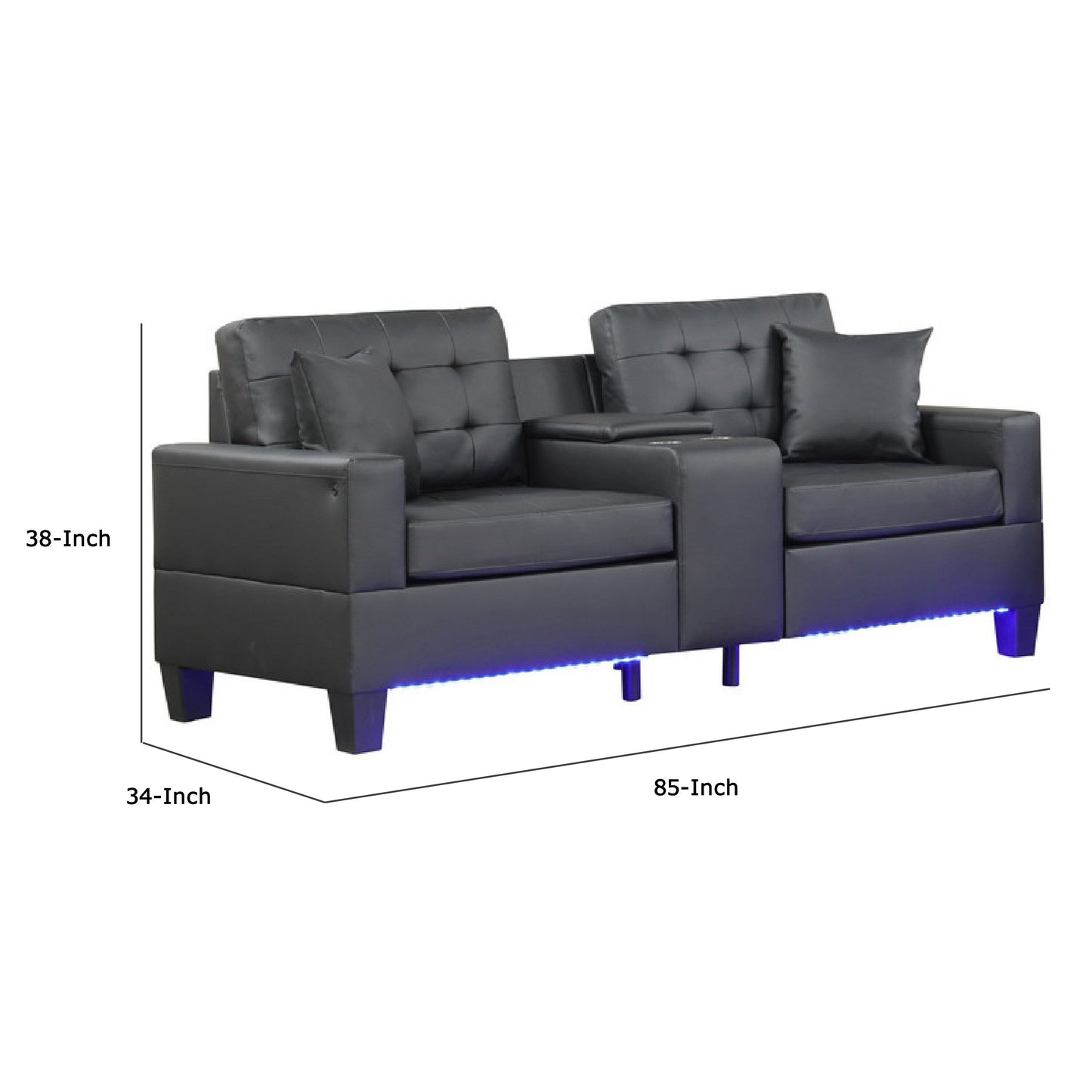 Canapé Iris avec LED, ports USB, porte-gobelets, similicuir noir 85 pouces