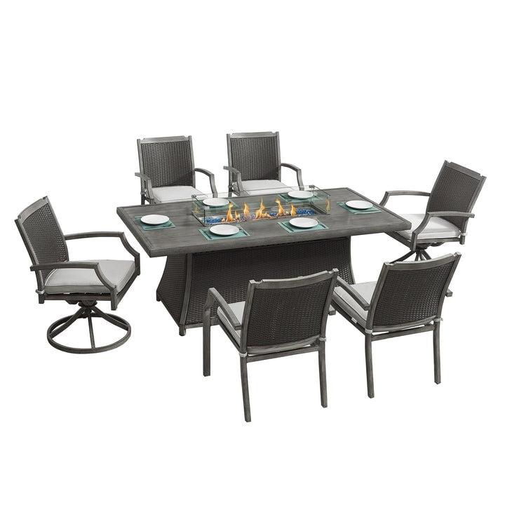 Ensemble de patio Kinger Home Isla en rotin 7 pièces avec table et foyer au propane - 76 pouces