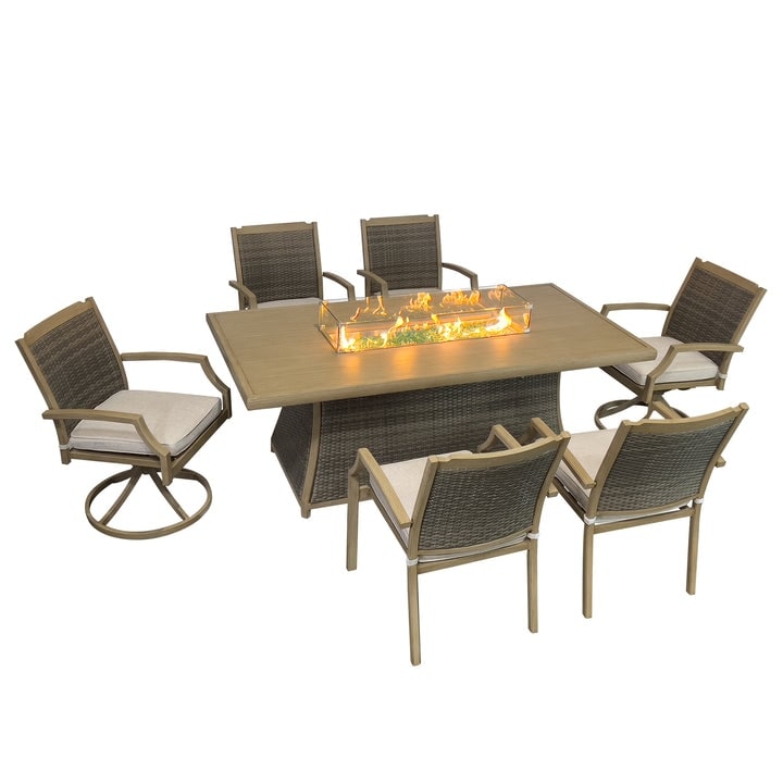 Ensemble de patio Kinger Home Isla en rotin 7 pièces avec table et foyer au propane - 76 pouces