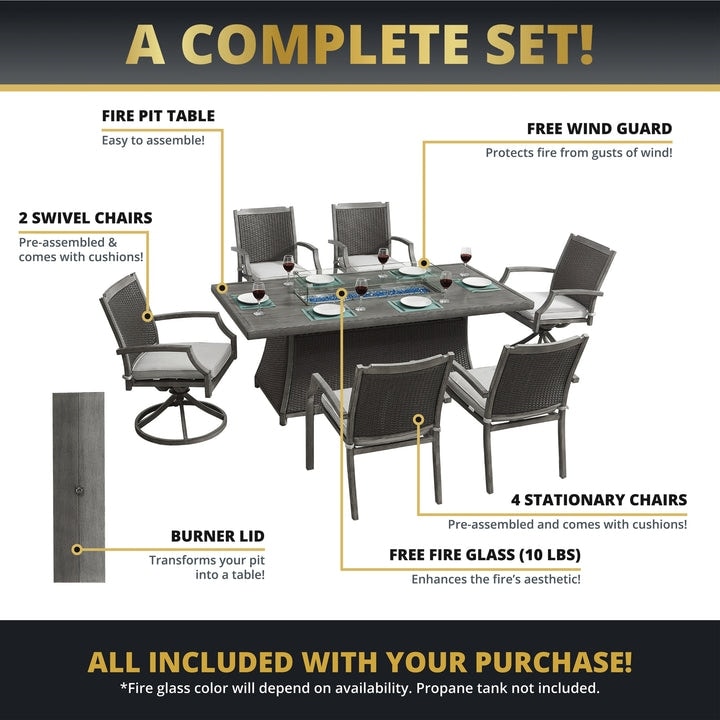 Ensemble de patio Kinger Home Isla en rotin 7 pièces avec table et foyer au propane - 76 pouces
