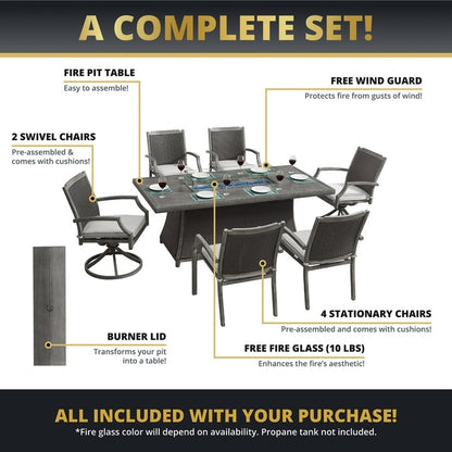 Ensemble de patio Kinger Home Isla en rotin 7 pièces avec table et foyer au propane - 76 pouces