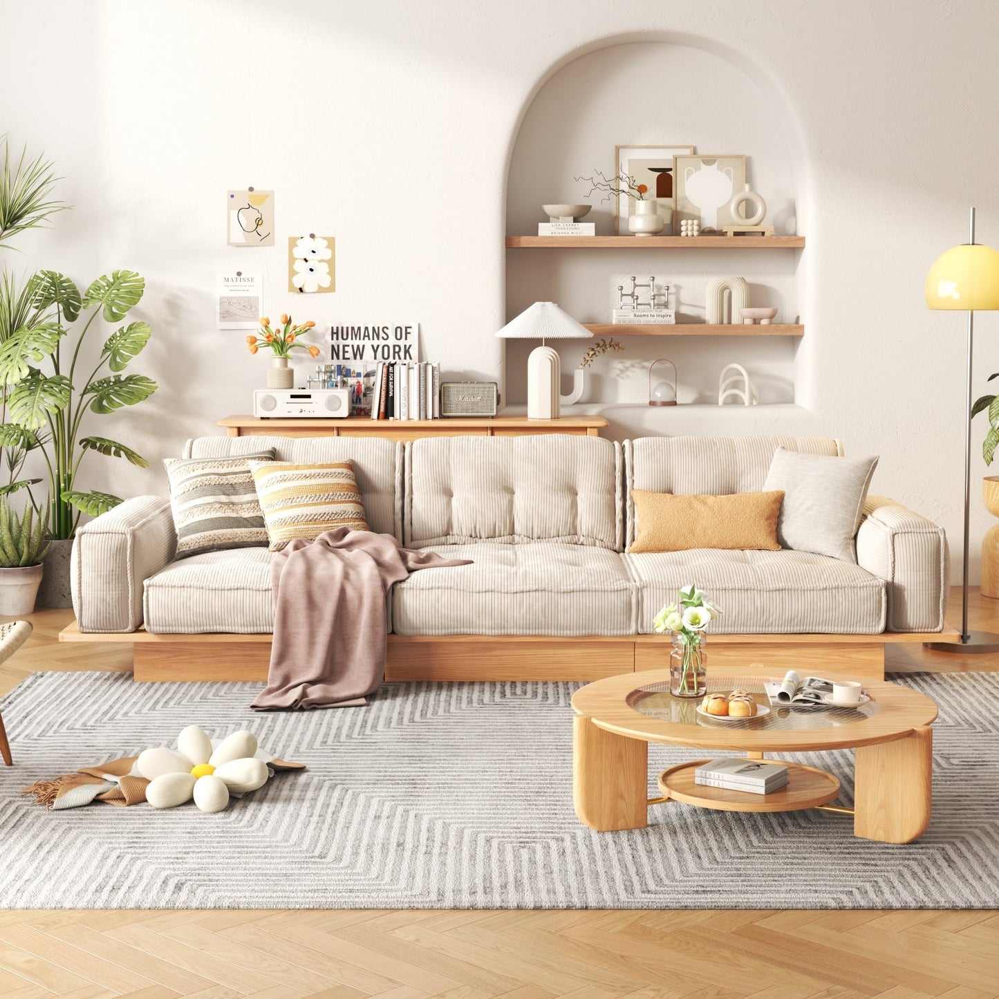 Canapé JASIWAY en velours côtelé beige avec cadre en bois