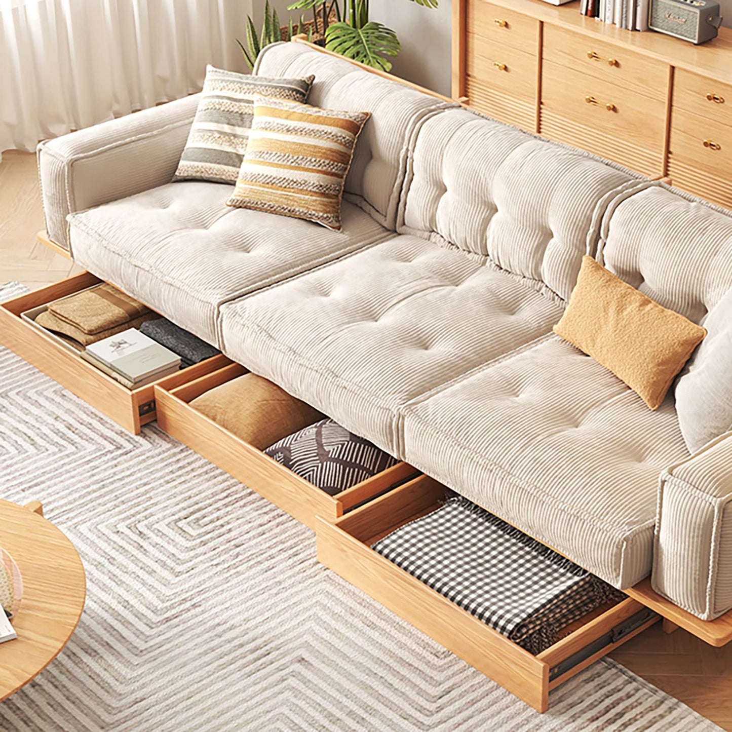 Canapé JASIWAY en velours côtelé beige avec cadre en bois