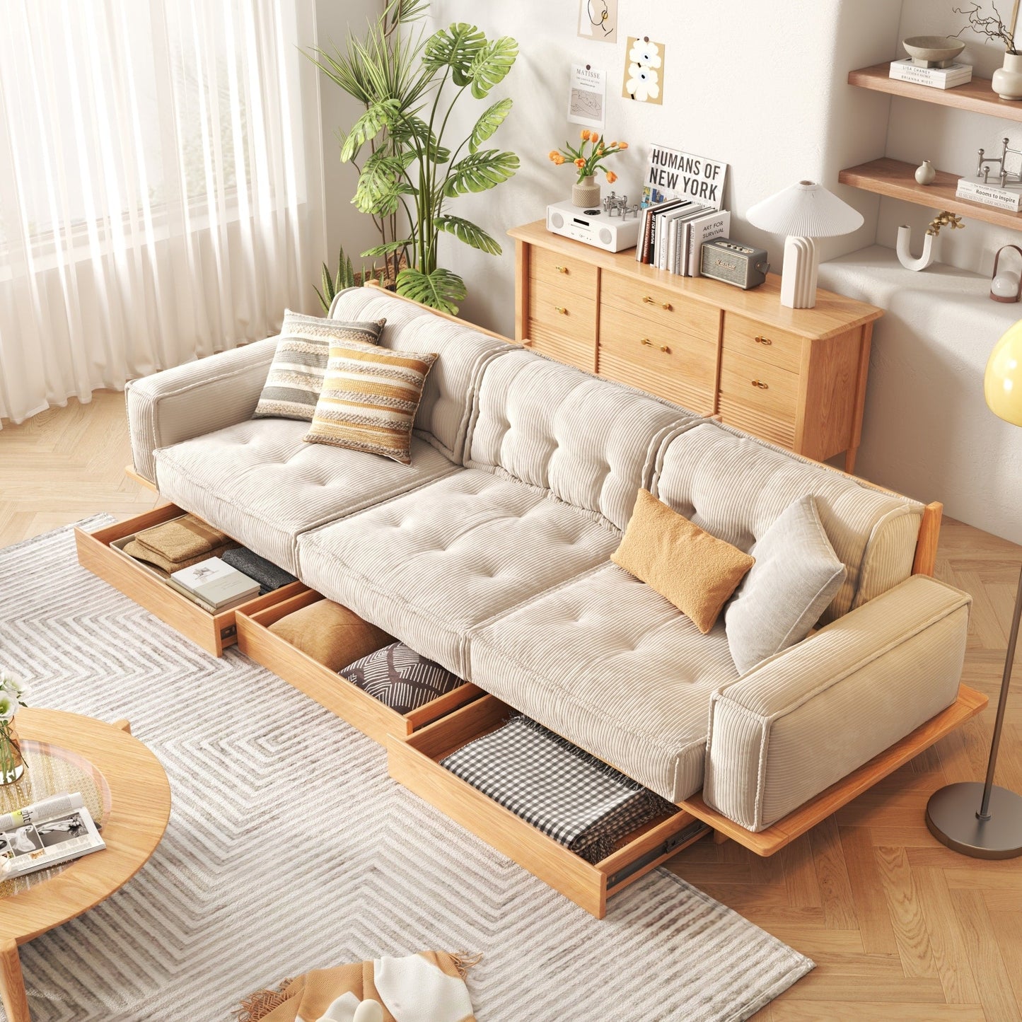 Canapé JASIWAY en velours côtelé beige avec cadre en bois
