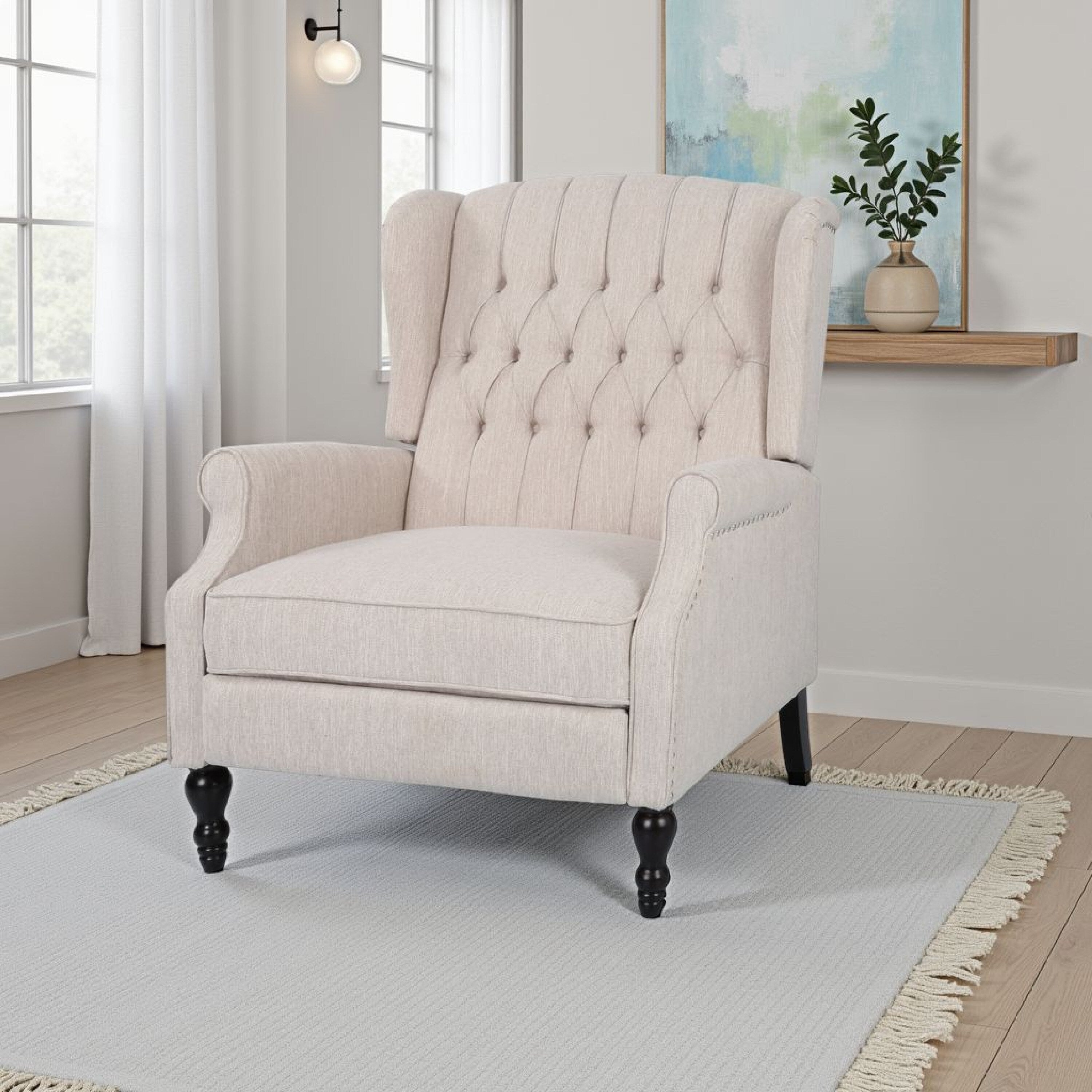 Fauteuil inclinable manuel surdimensionné Jade, dossier à oreilles, capitonné beige