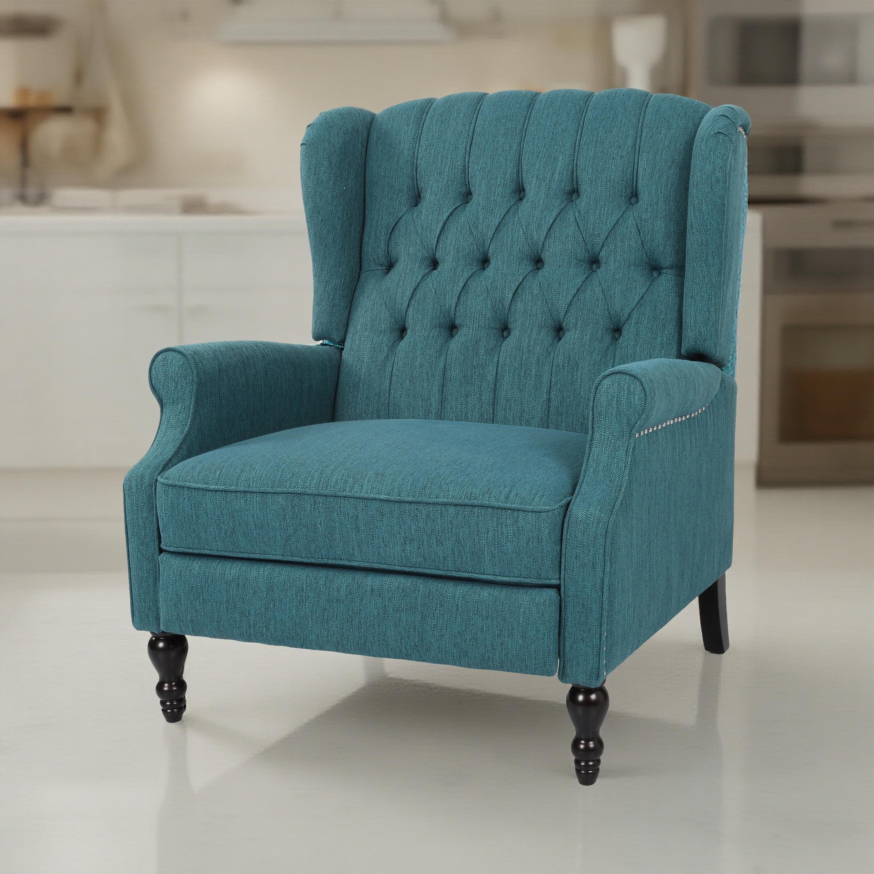 Fauteuil inclinable manuel surdimensionné Jade, dossier à oreilles, capitonné bleu sarcelle