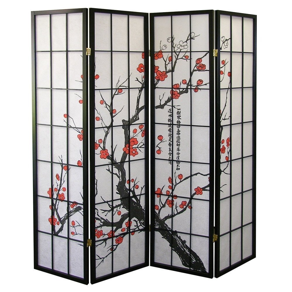 Paravent japonais à 4 panneaux Roundhill Furniture, motif fleur de prunier
