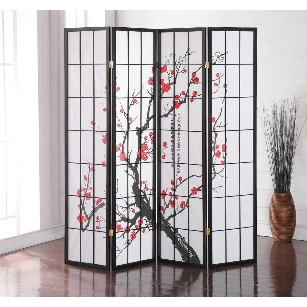 Paravent japonais à 4 panneaux Roundhill Furniture, motif fleur de prunier