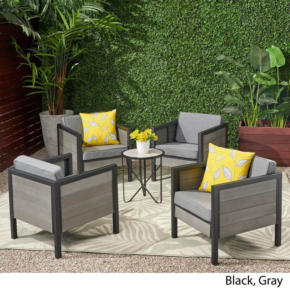 Fauteuils club d'extérieur Jax en imitation bois et fer noir/gris (lot de 4) par Christopher Knight Home