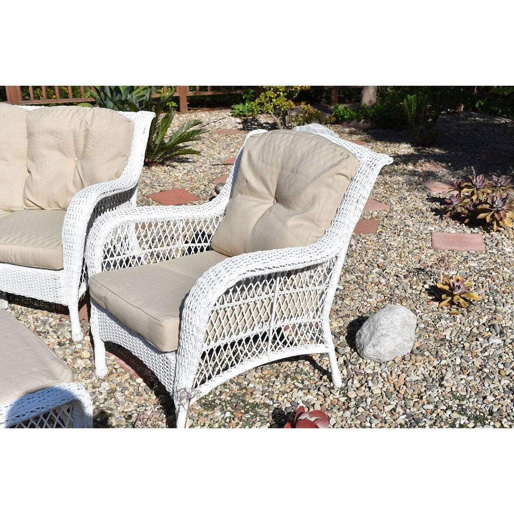 Ensemble de 6 chaises Jeco en osier blanc avec coussins beiges