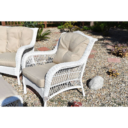 Ensemble de 6 chaises Jeco en osier blanc avec coussins beiges