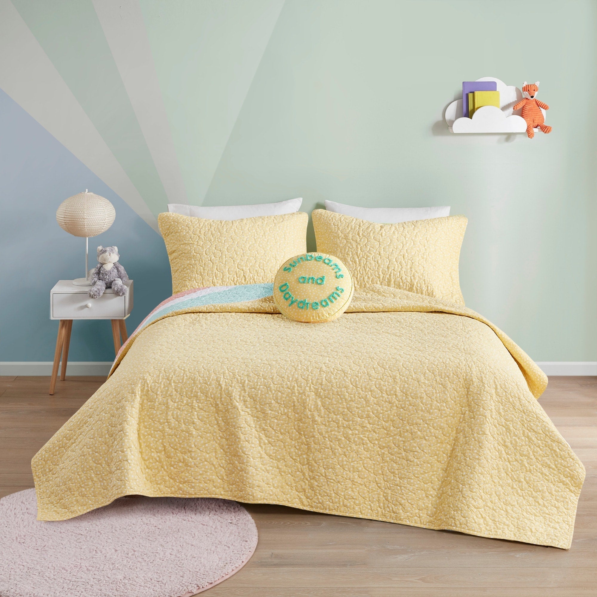 Parure de lit réversible en coton avec coussin décoratif Jessie Rainbow Sunburst pour enfants au design intelligent
