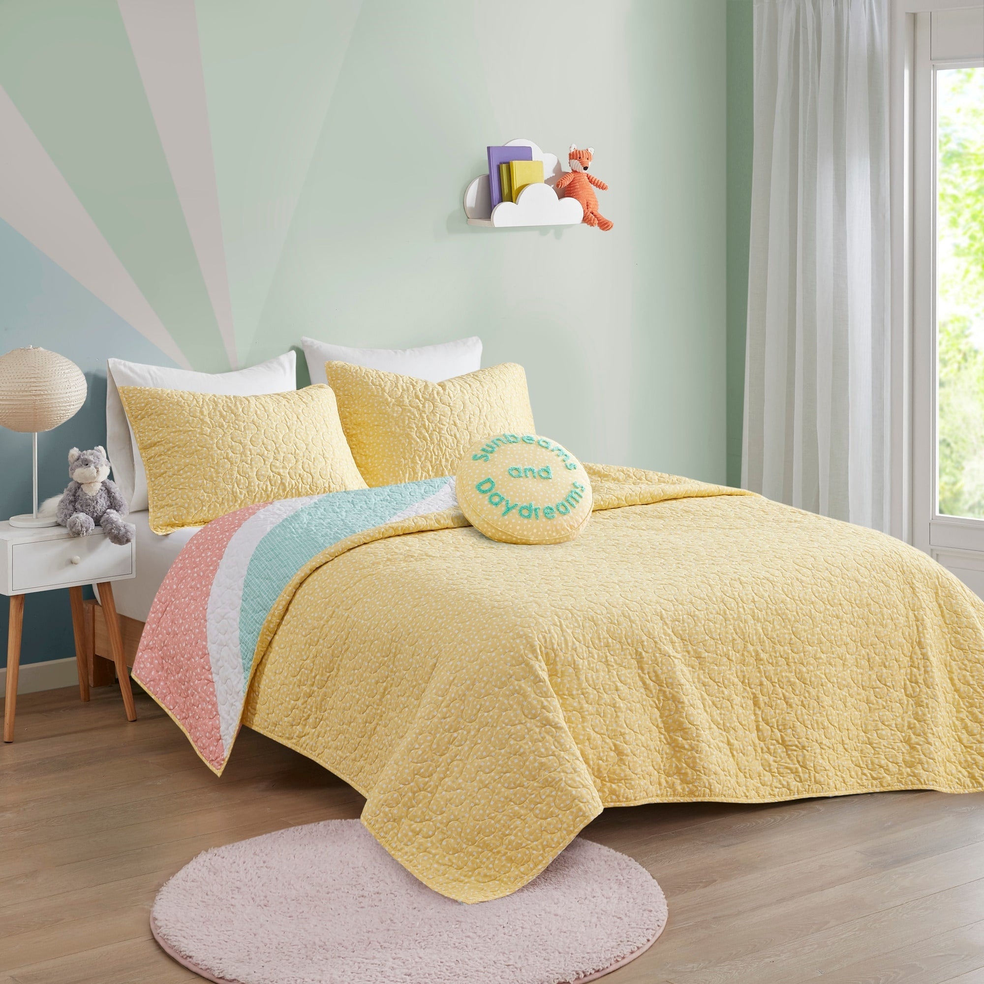 Parure de lit réversible en coton avec coussin décoratif Jessie Rainbow Sunburst pour enfants au design intelligent