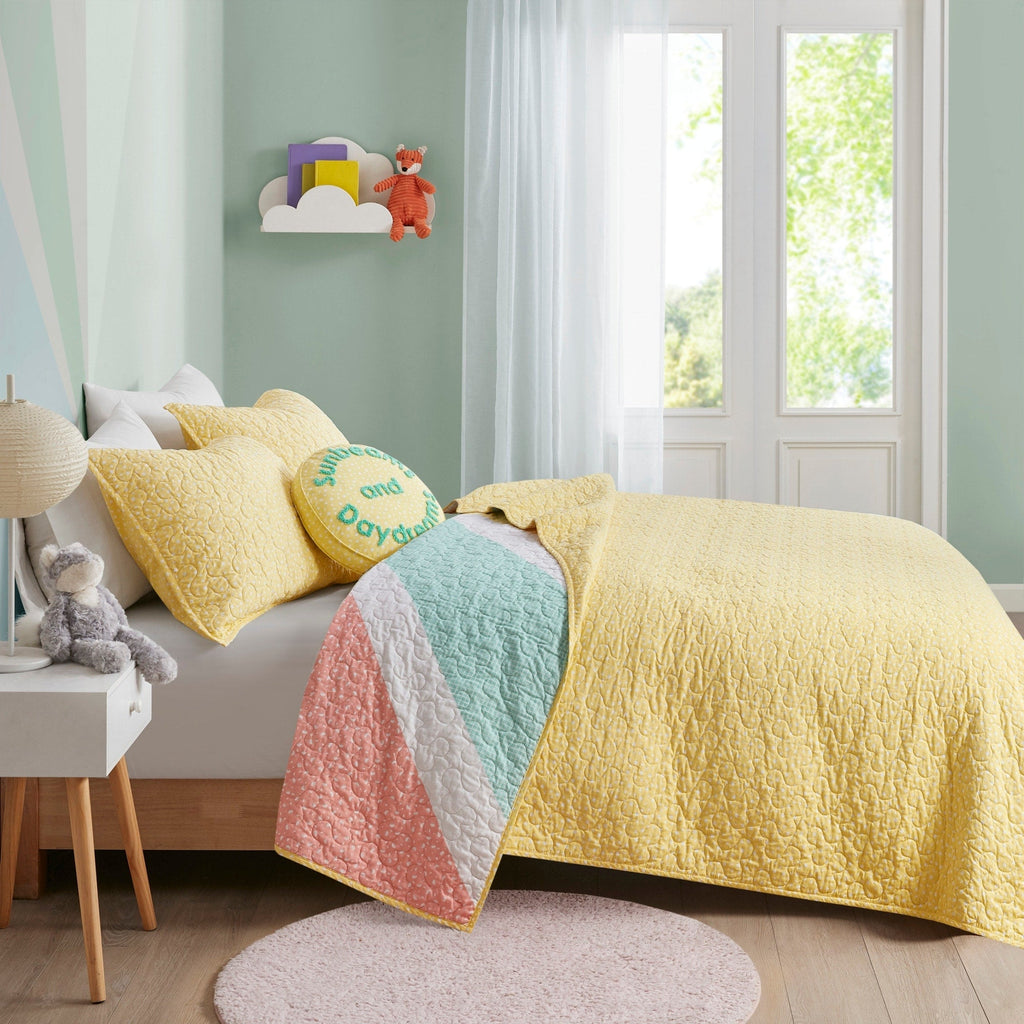 Parure de lit réversible en coton avec coussin décoratif Jessie Rainbow Sunburst pour enfants au design intelligent