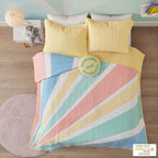 Parure de lit réversible en coton avec coussin décoratif Jessie Rainbow Sunburst pour enfants au design intelligent