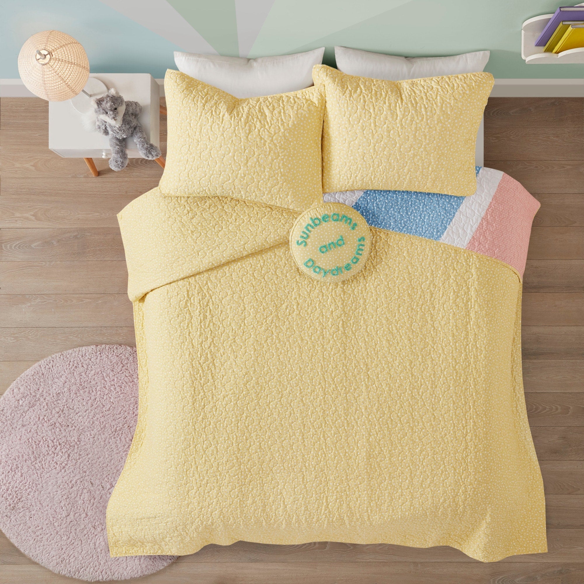 Parure de lit réversible en coton avec coussin décoratif Jessie Rainbow Sunburst pour enfants au design intelligent