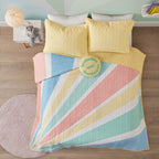 Parure de lit réversible en coton avec coussin décoratif Jessie Rainbow Sunburst pour enfants au design intelligent