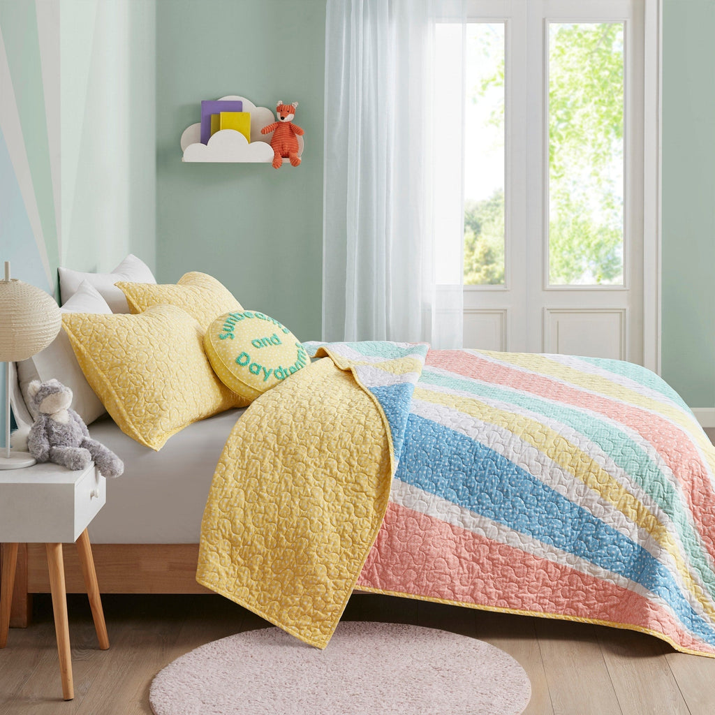 Parure de lit réversible en coton avec coussin décoratif Jessie Rainbow Sunburst pour enfants au design intelligent