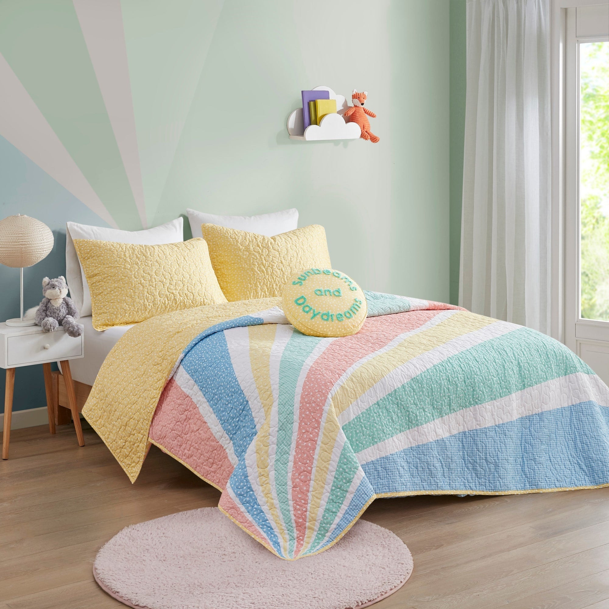 Parure de lit réversible en coton avec coussin décoratif Jessie Rainbow Sunburst pour enfants au design intelligent