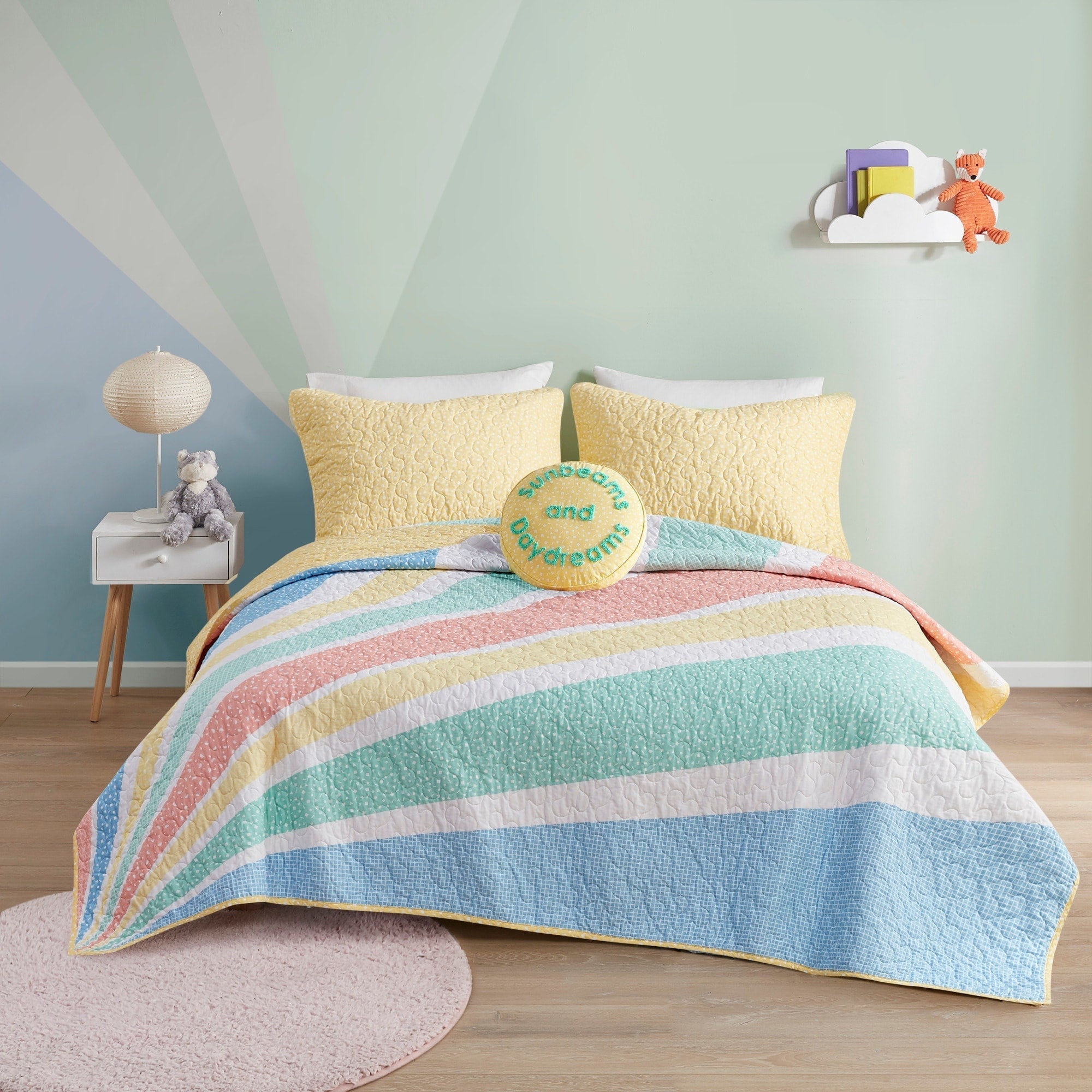 Parure de lit réversible en coton avec coussin décoratif Jessie Rainbow Sunburst pour enfants au design intelligent