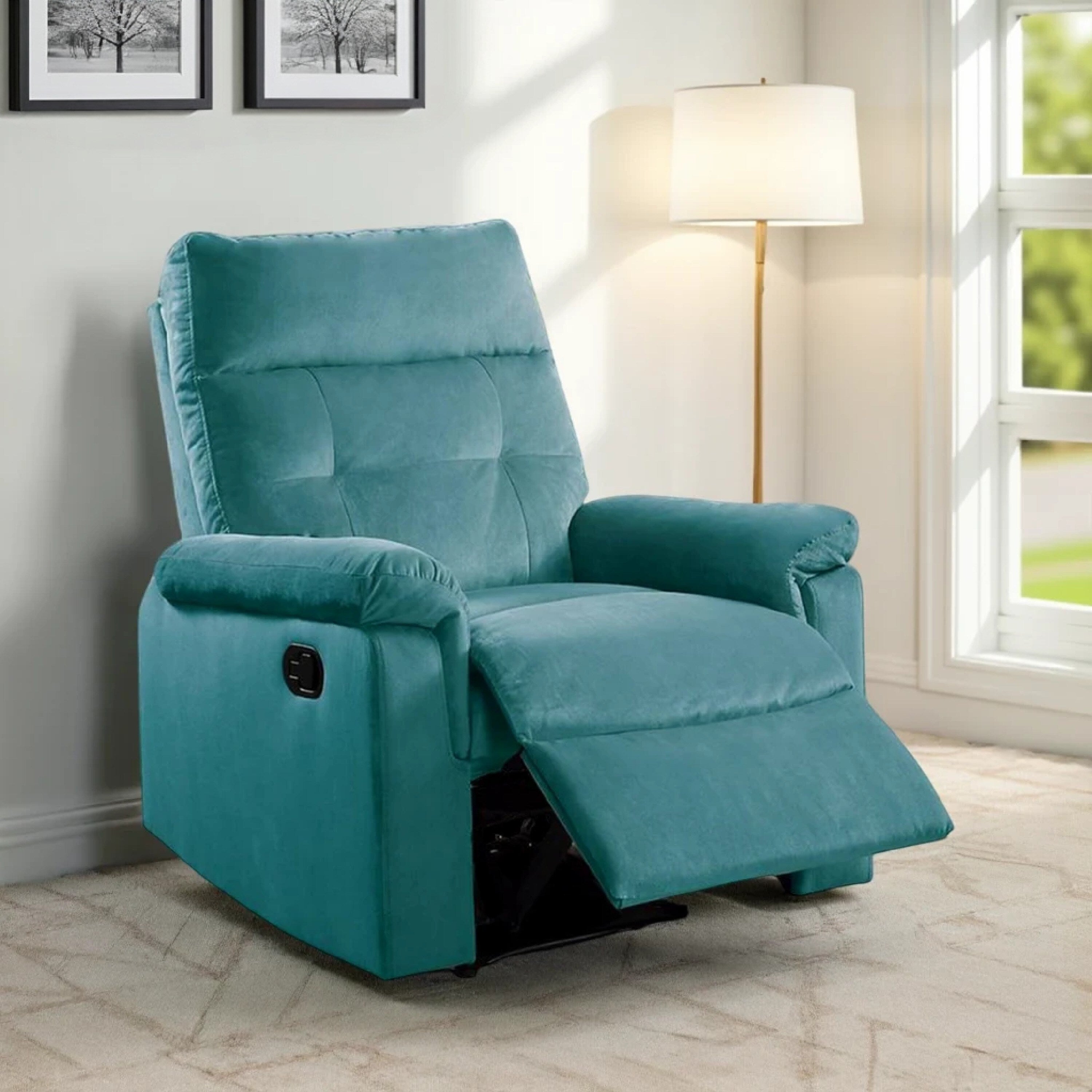 Fauteuil inclinable manuel Jessy, capitonné, en velours bleu et bois massif