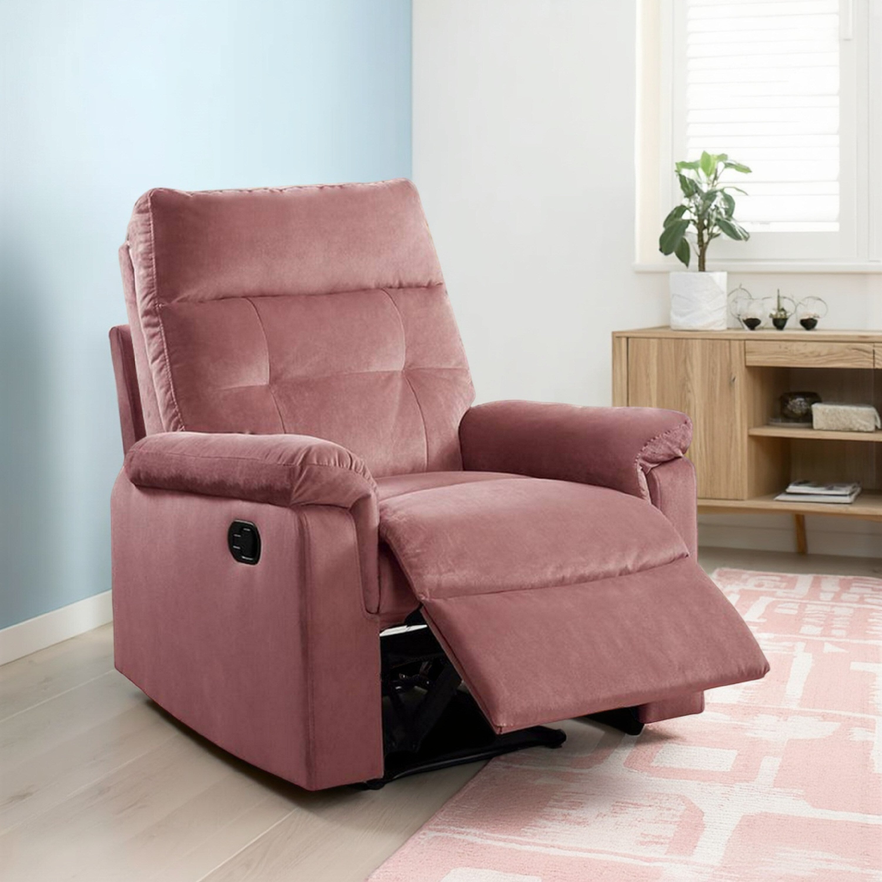 Fauteuil inclinable manuel Jessy, capitonné et rembourré en velours rose