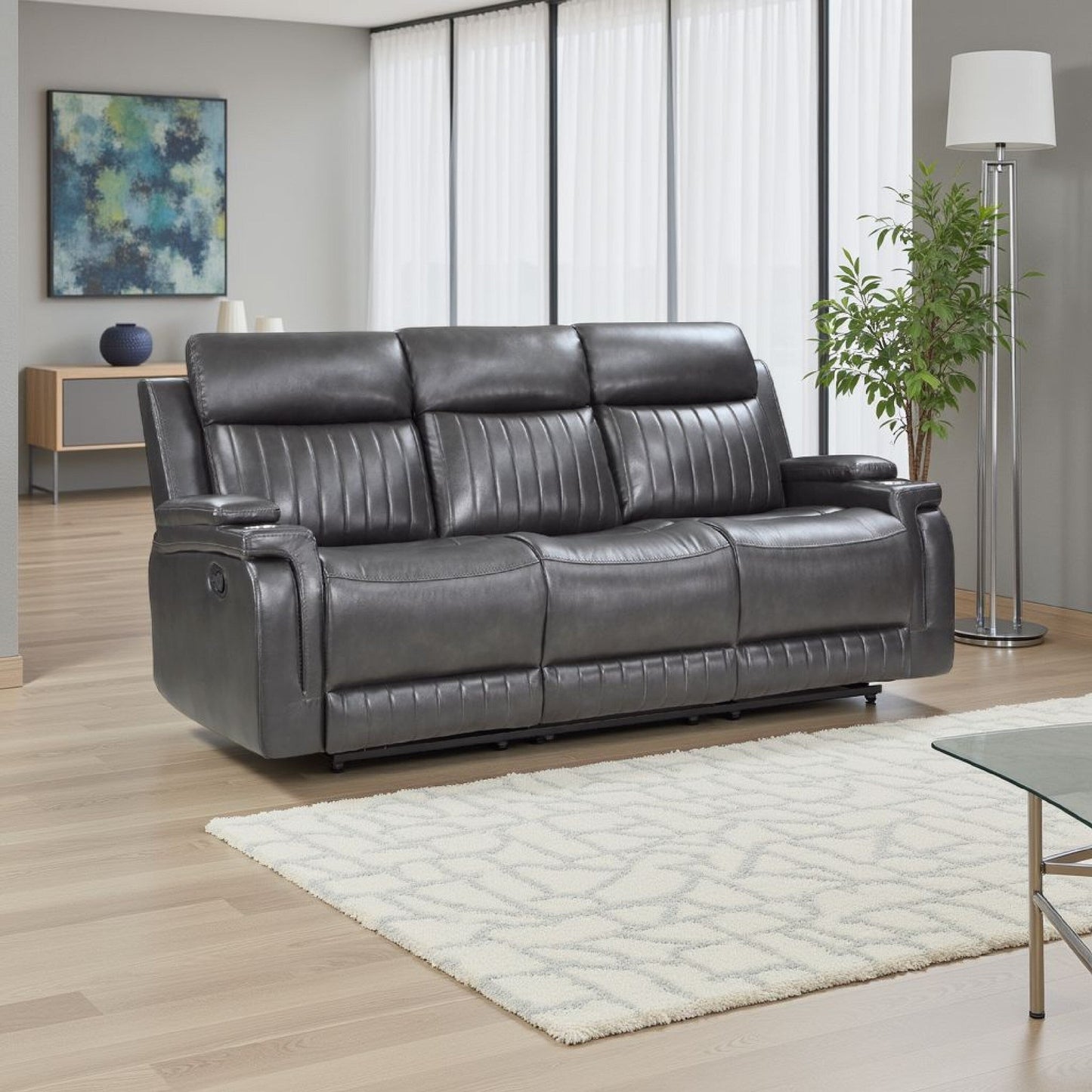 Canapé inclinable manuel Jolo, table rabattable, 82 pouces, similicuir gris