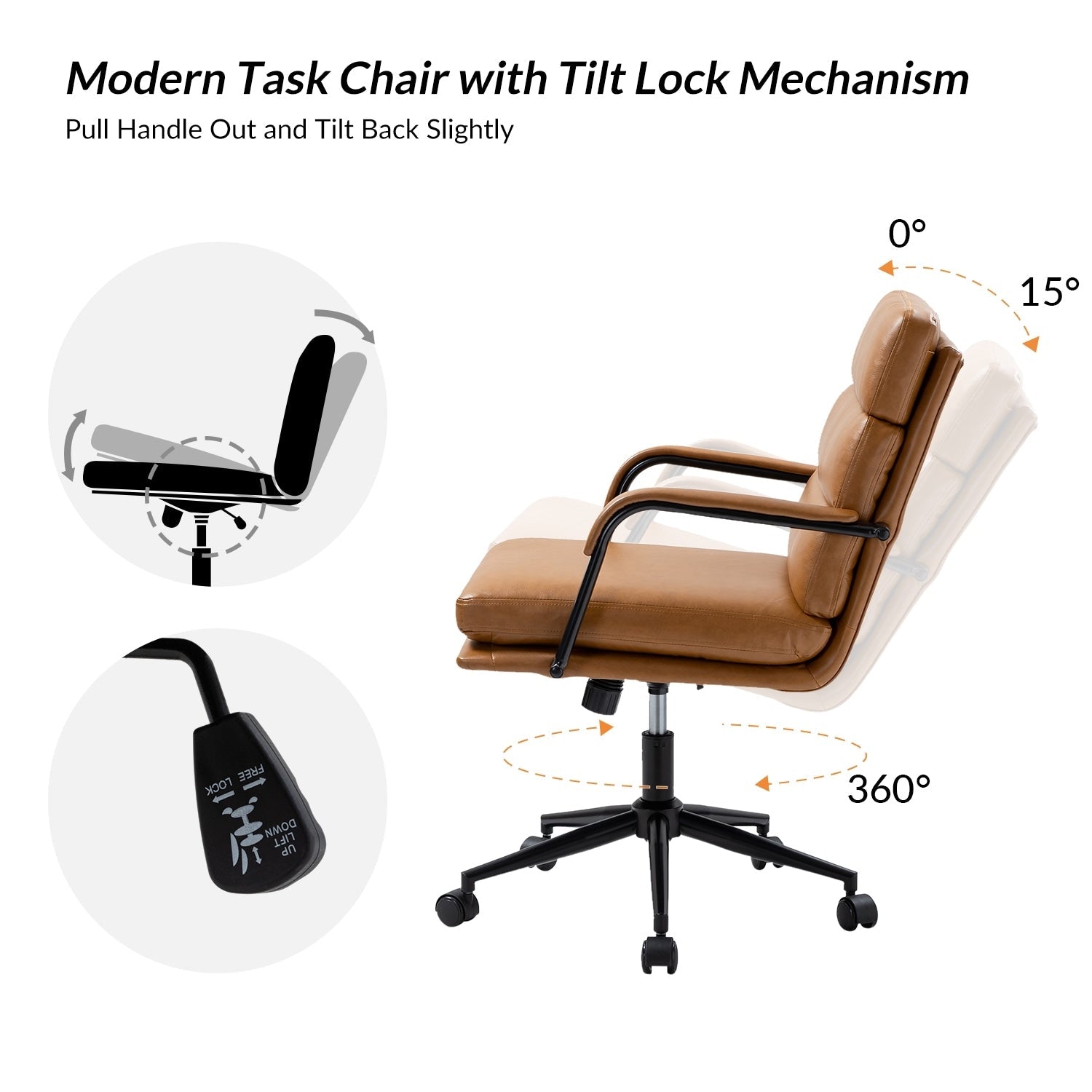Chaise de travail moderne Joseph en similicuir avec verrouillage de l'inclinaison et inclinaison centrale par HULALA HOME