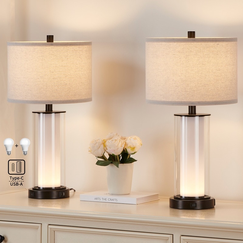 Ensemble de 2 lampes de table modernes en verre KAWOTI de 23 pouces avec veilleuse