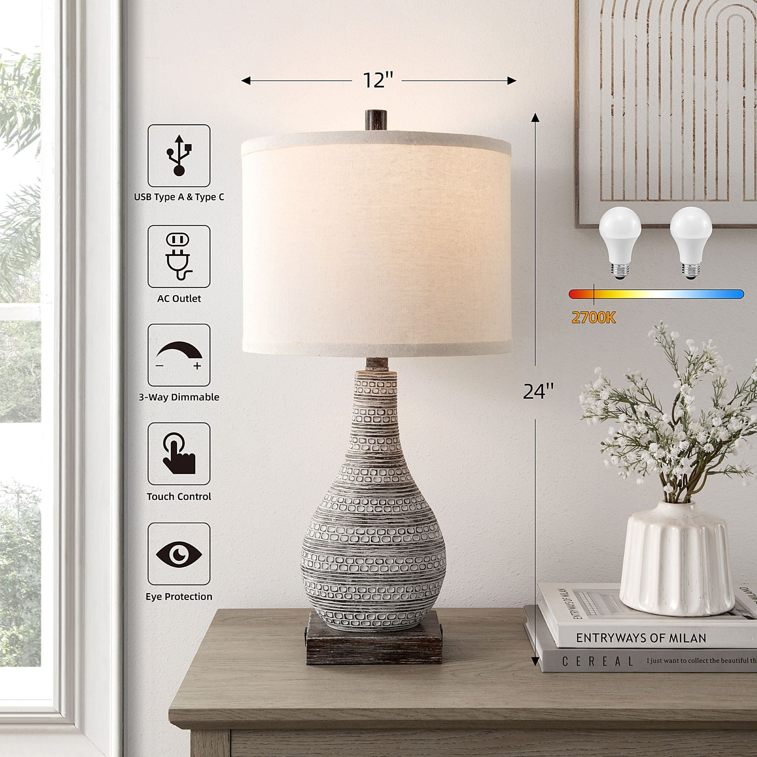 Ensemble de lampes de table à commande tactile KAWOTI avec ports USB (lot de 2)