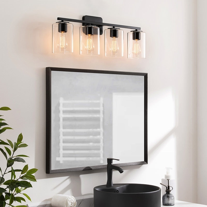 Applique de salle de bain moderne KAWOTI 29 pouces à 4 lumières avec abat-jour en verre transparent