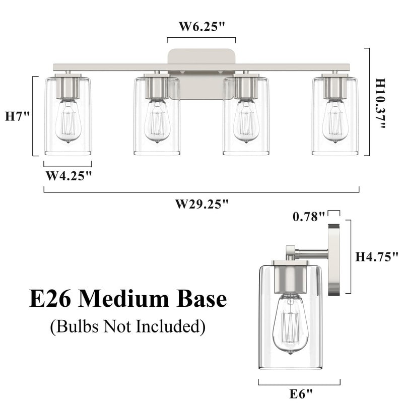 Applique de salle de bain moderne KAWOTI 29 pouces à 4 lumières avec abat-jour en verre transparent
