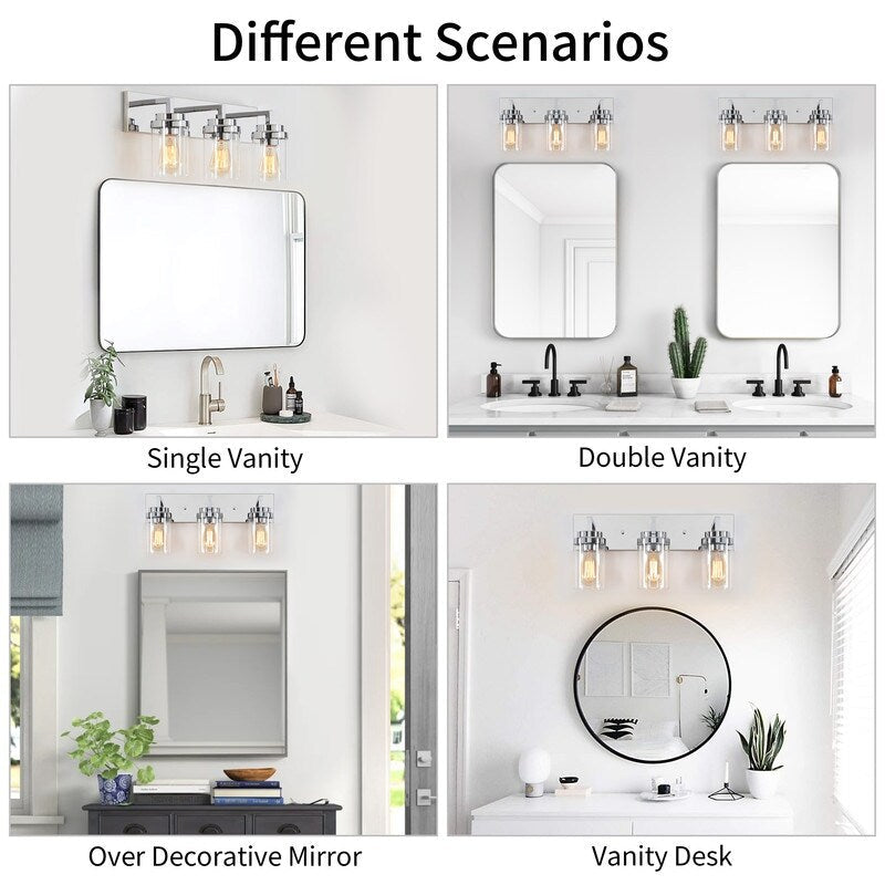 Applique de salle de bain KAWOTI à 3 lampes avec abat-jour en verre transparent