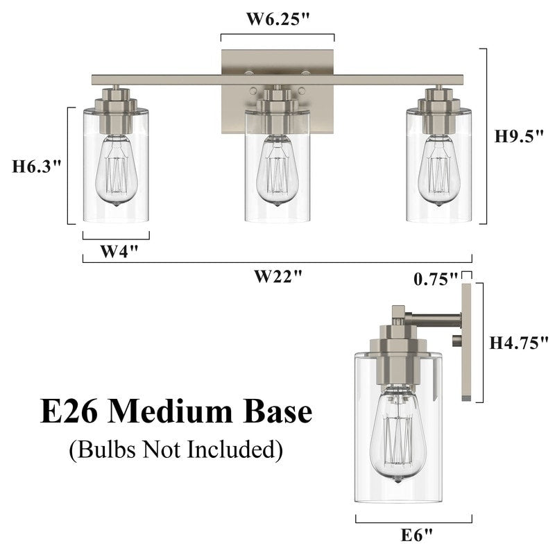 Applique de salle de bain KAWOTI à 3 lampes avec abat-jour en verre transparent