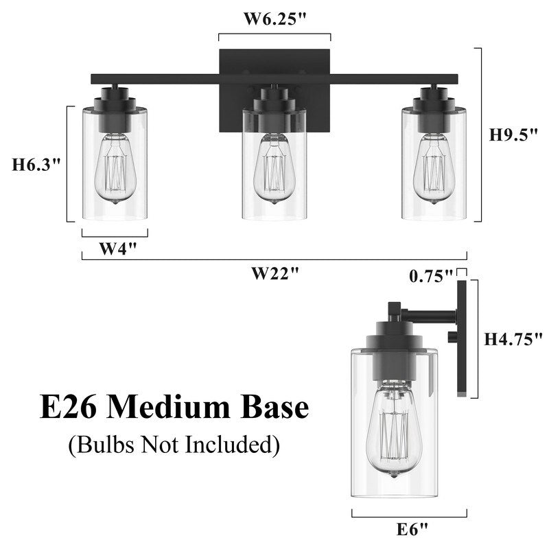 Applique de salle de bain KAWOTI à 3 lampes avec abat-jour en verre transparent
