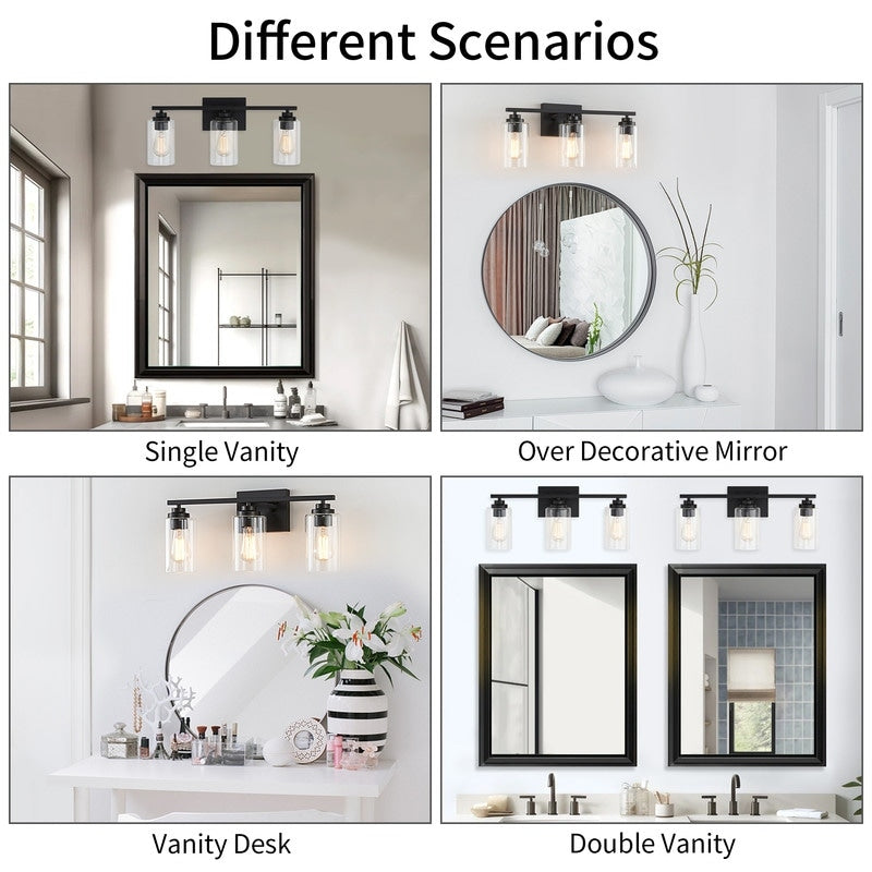 Applique de salle de bain KAWOTI à 3 lampes avec abat-jour en verre transparent