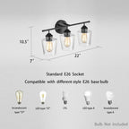 Applique de salle de bain KAWOTI à 3 lampes à intensité variable avec abat-jour en verre - L22 x l7 x H10,5